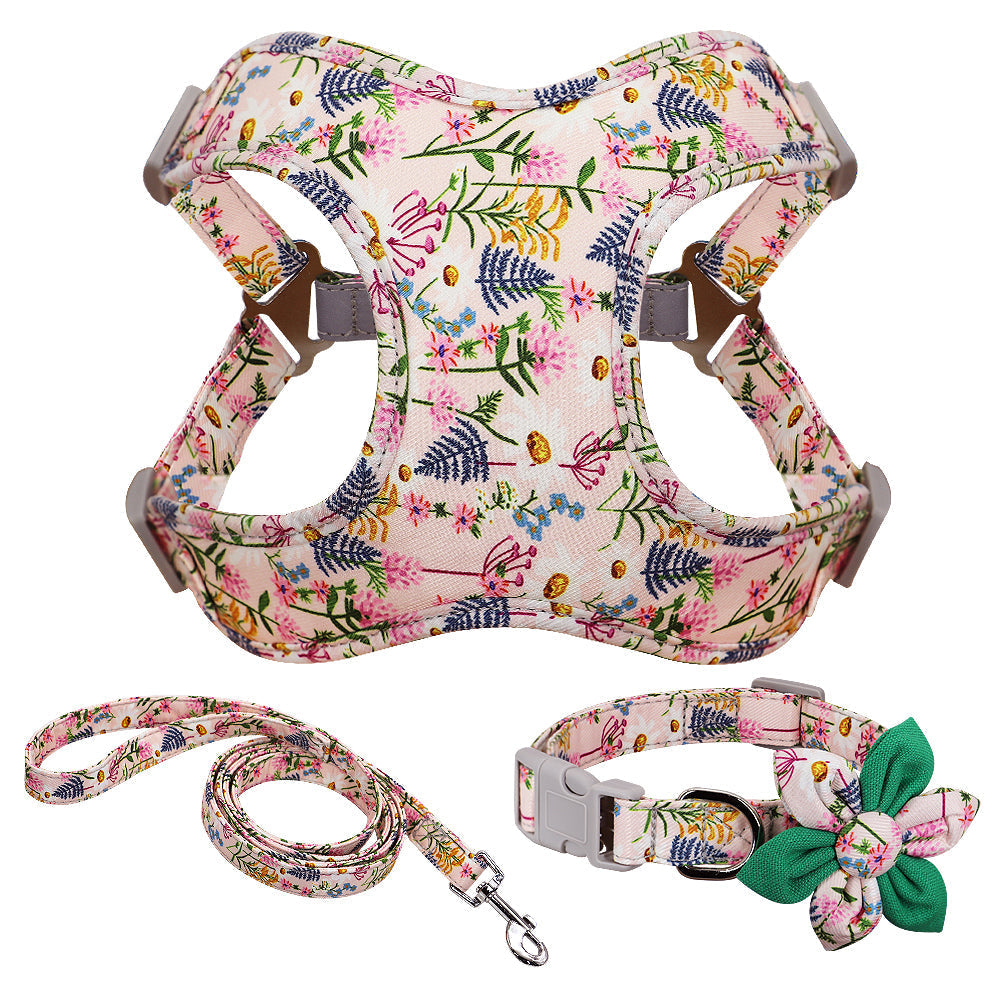 Bloemenhalsband, riem en tuigje set