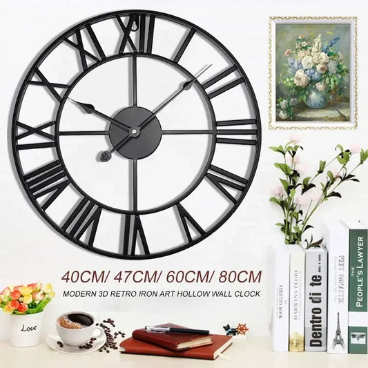 Moderne 3D Grote Retro Metalen Wandklok – Noordse Romeinse Cijfers Ontwerp