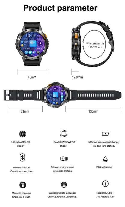 AMOLED Smart Watch – Waterproof Fitness Tracker with Bluetooth Calling
