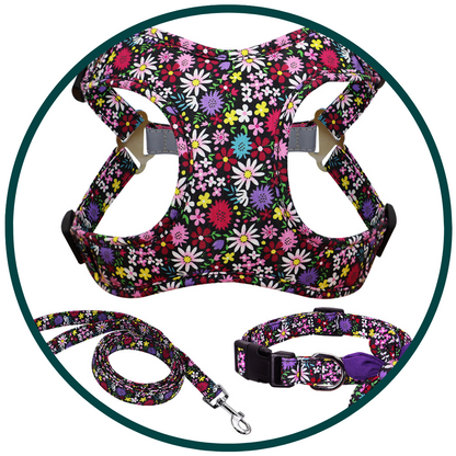 Bloemenhalsband, riem en tuigje set
