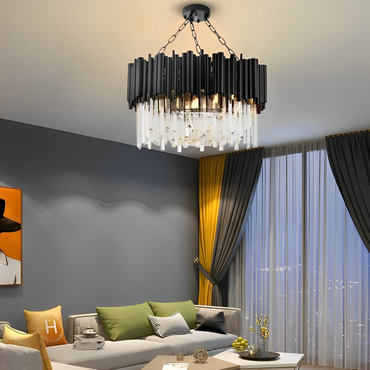 Ronde heldere kristallen metalen zwarte moderne kroonluchter hanglamp