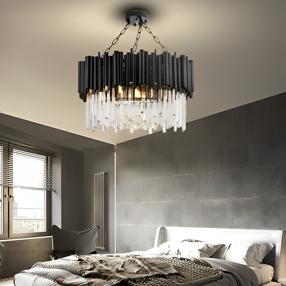 Ronde heldere kristallen metalen zwarte moderne kroonluchter hanglamp