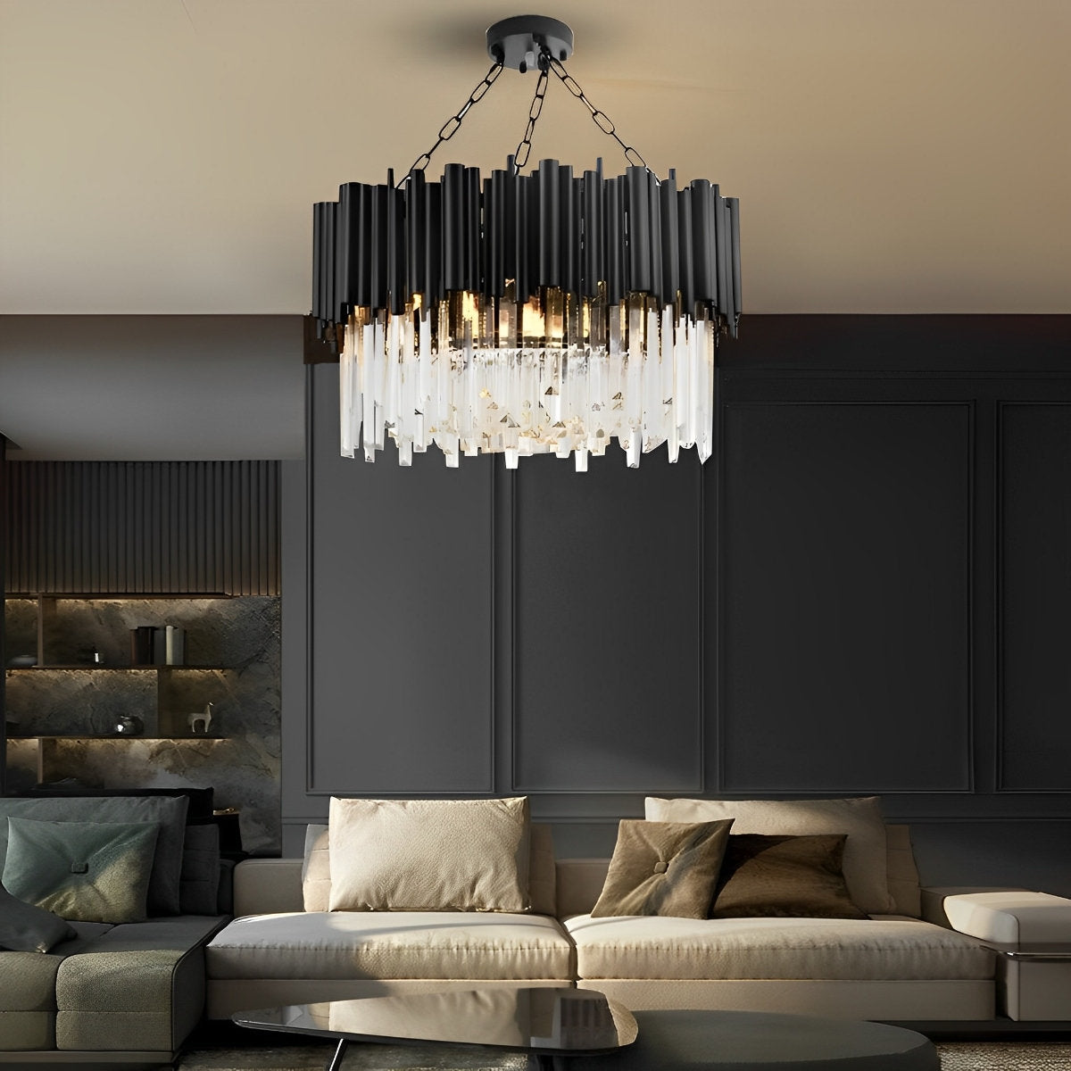 Ronde heldere kristallen metalen zwarte moderne kroonluchter hanglamp