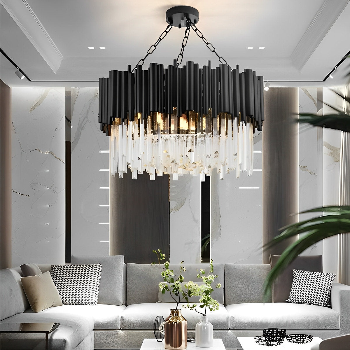 Ronde heldere kristallen metalen zwarte moderne kroonluchter hanglamp