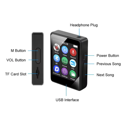 Compact Bluetooth MP3 Music Player with Stereo Audio and Video Playback