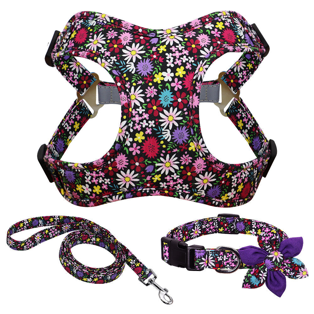 Bloemenhalsband, riem en tuigje set