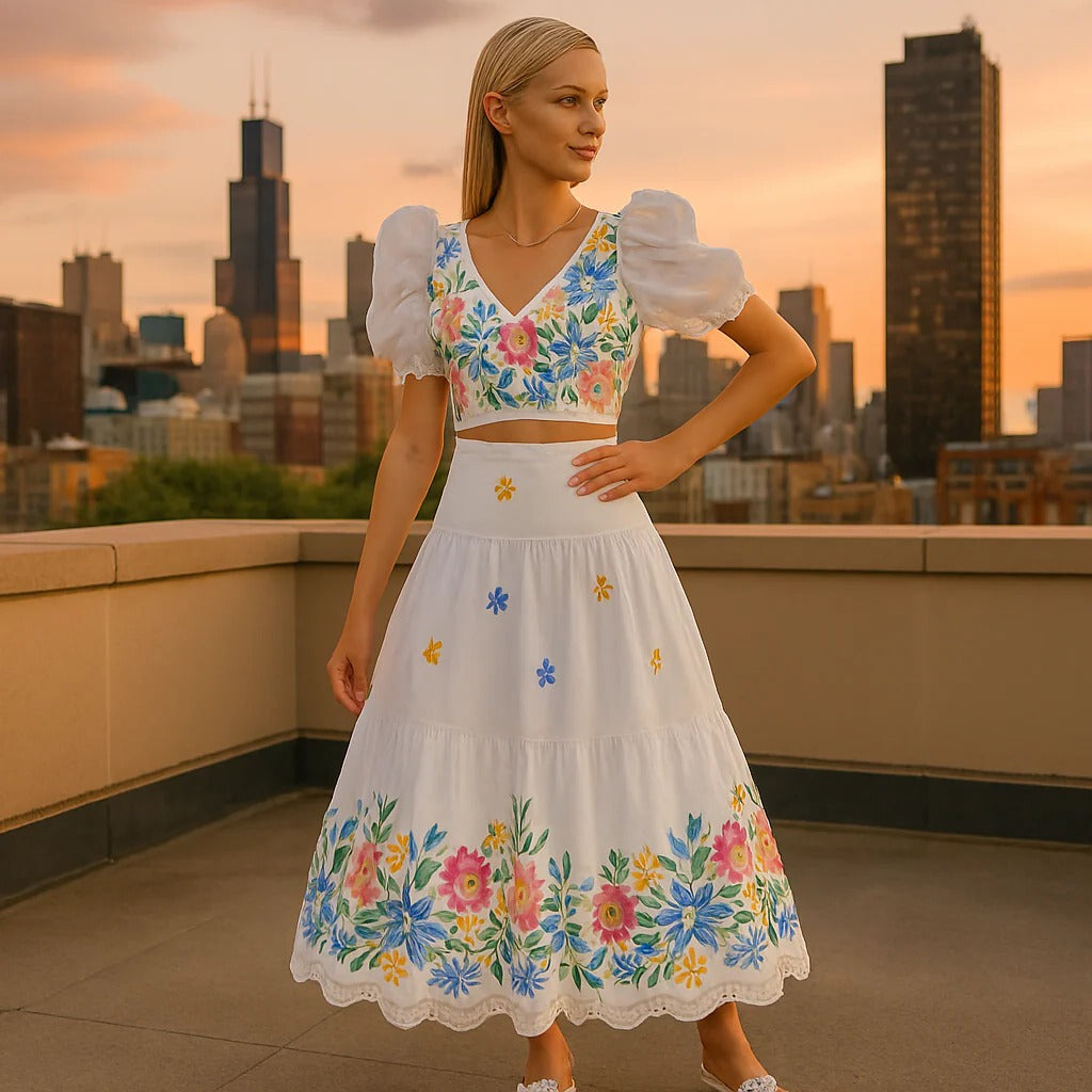 Dames Bloemenprint Puff Mouw Crop Top & Gerimpelde Rok Tweedelig Set