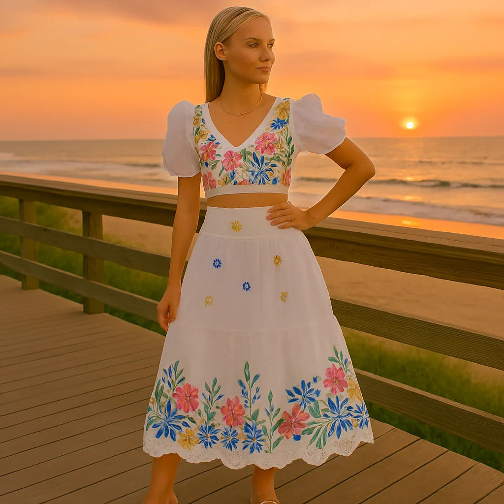 Dames Bloemenprint Puff Mouw Crop Top & Gerimpelde Rok Tweedelig Set