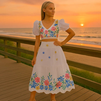 Dames Bloemenprint Puff Mouw Crop Top & Gerimpelde Rok Tweedelig Set