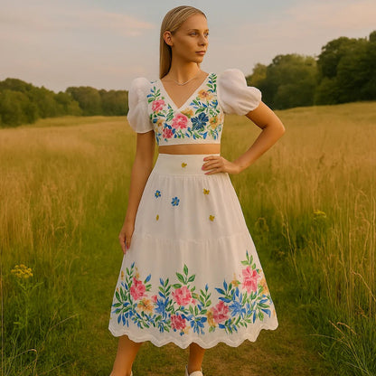 Dames Bloemenprint Puff Mouw Crop Top & Gerimpelde Rok Tweedelig Set