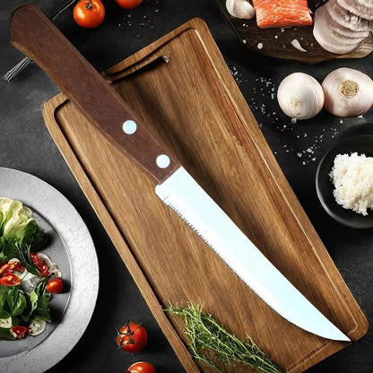 Stainless Steel Steak Knife Set with Wooden Handles & Serrated Edges