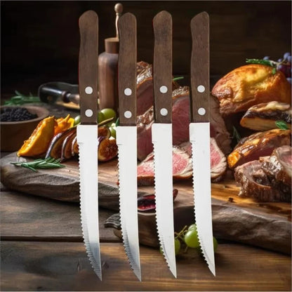 Stainless Steel Steak Knife Set with Wooden Handles & Serrated Edges
