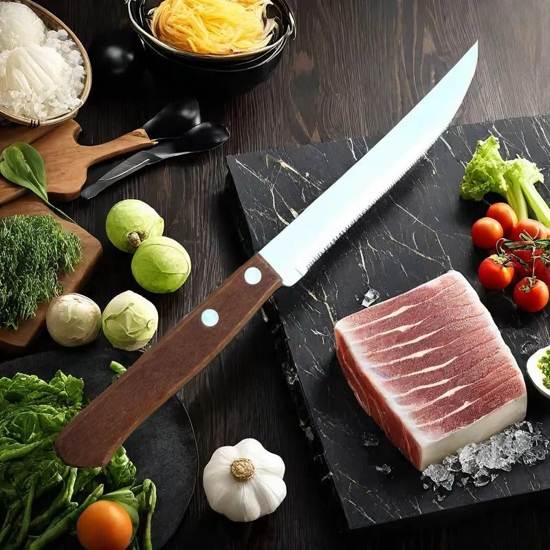 Stainless Steel Steak Knife Set with Wooden Handles & Serrated Edges