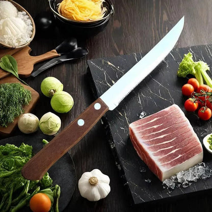 Stainless Steel Steak Knife Set with Wooden Handles & Serrated Edges