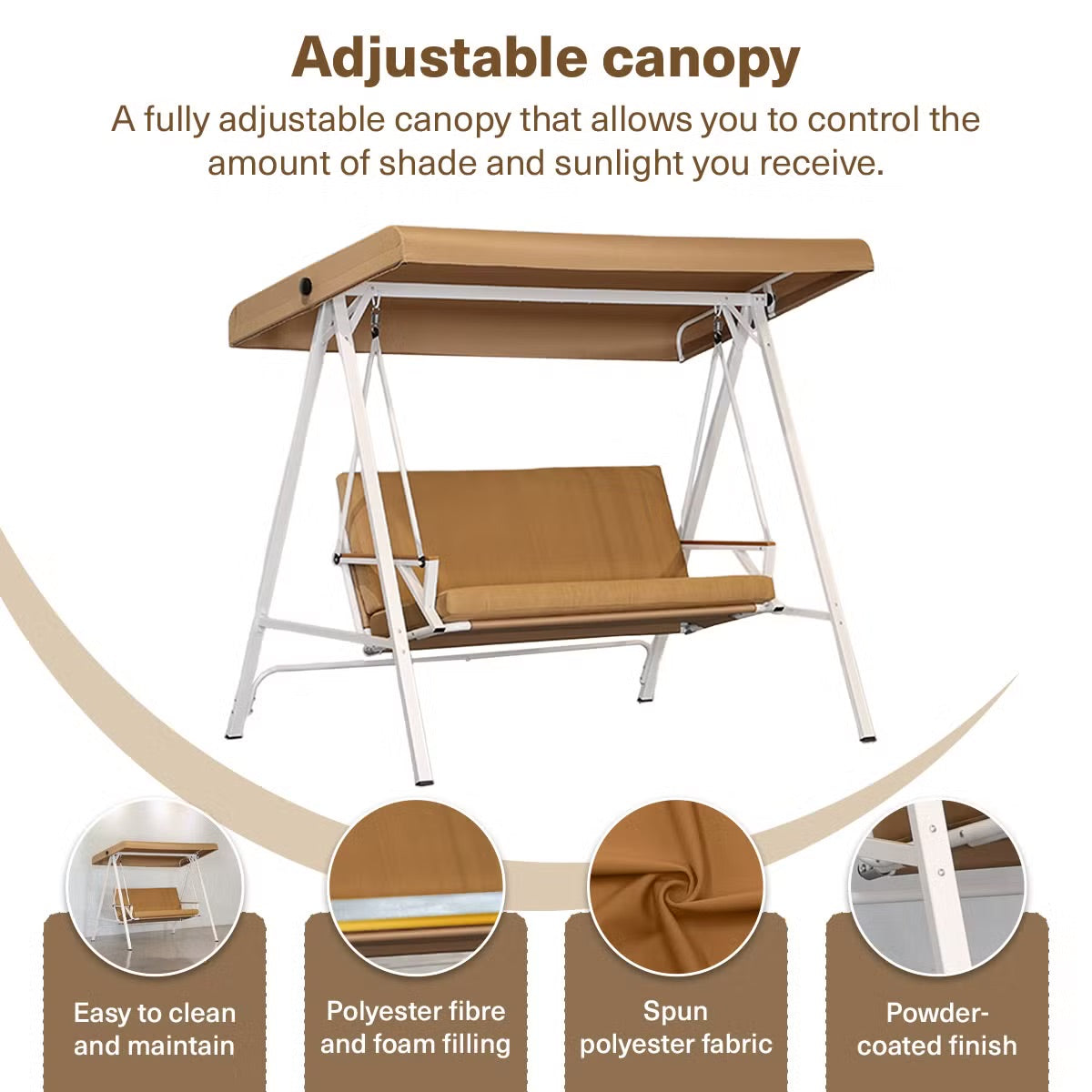 Averra 3-Seater Brown Outdoor Swing Chair, Steel Frame with Cushions and Canopy