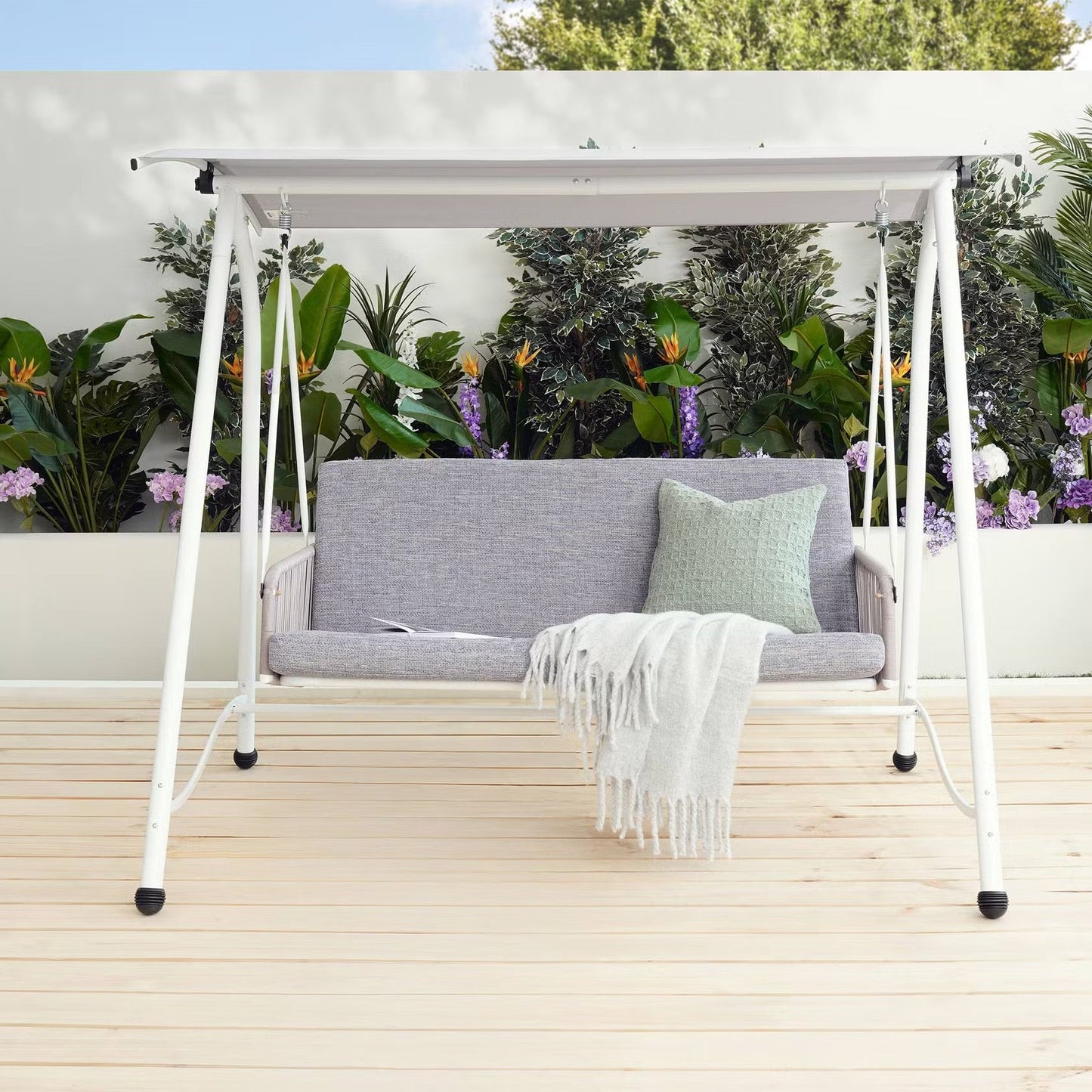 Serela 3-Seater Outdoor Swing Chair, White Steel Frame with Grey Cushions