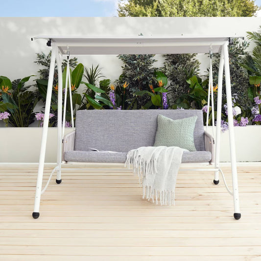 Serela 3-Seater Outdoor Swing Chair, White Steel Frame with Grey Cushions