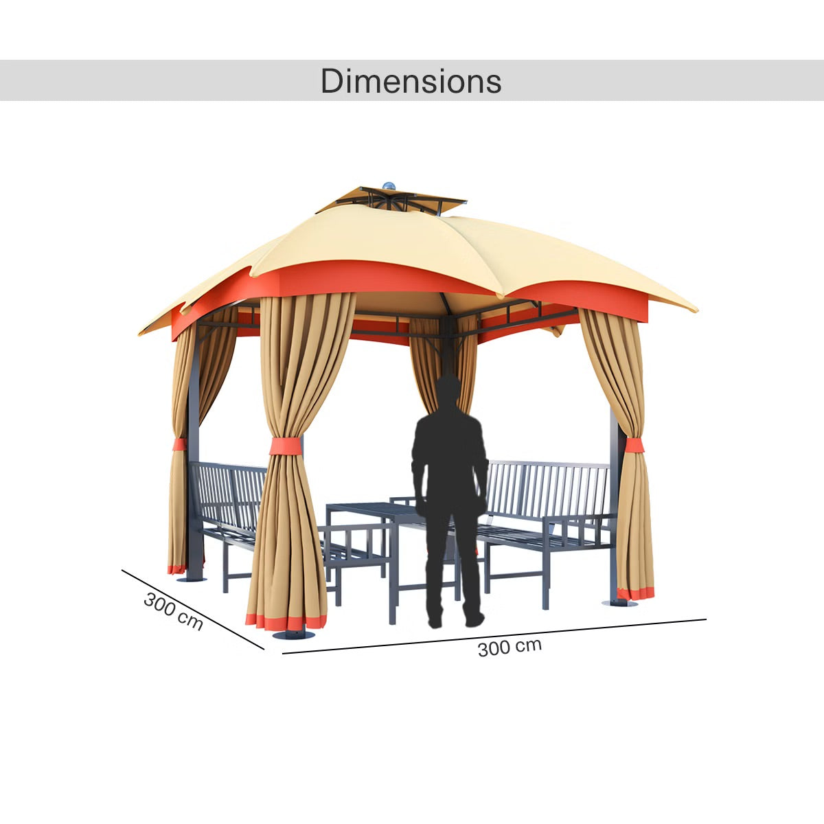Sorana 3x3m Outdoor Gazebo with Seating and Table, Beige & Orange