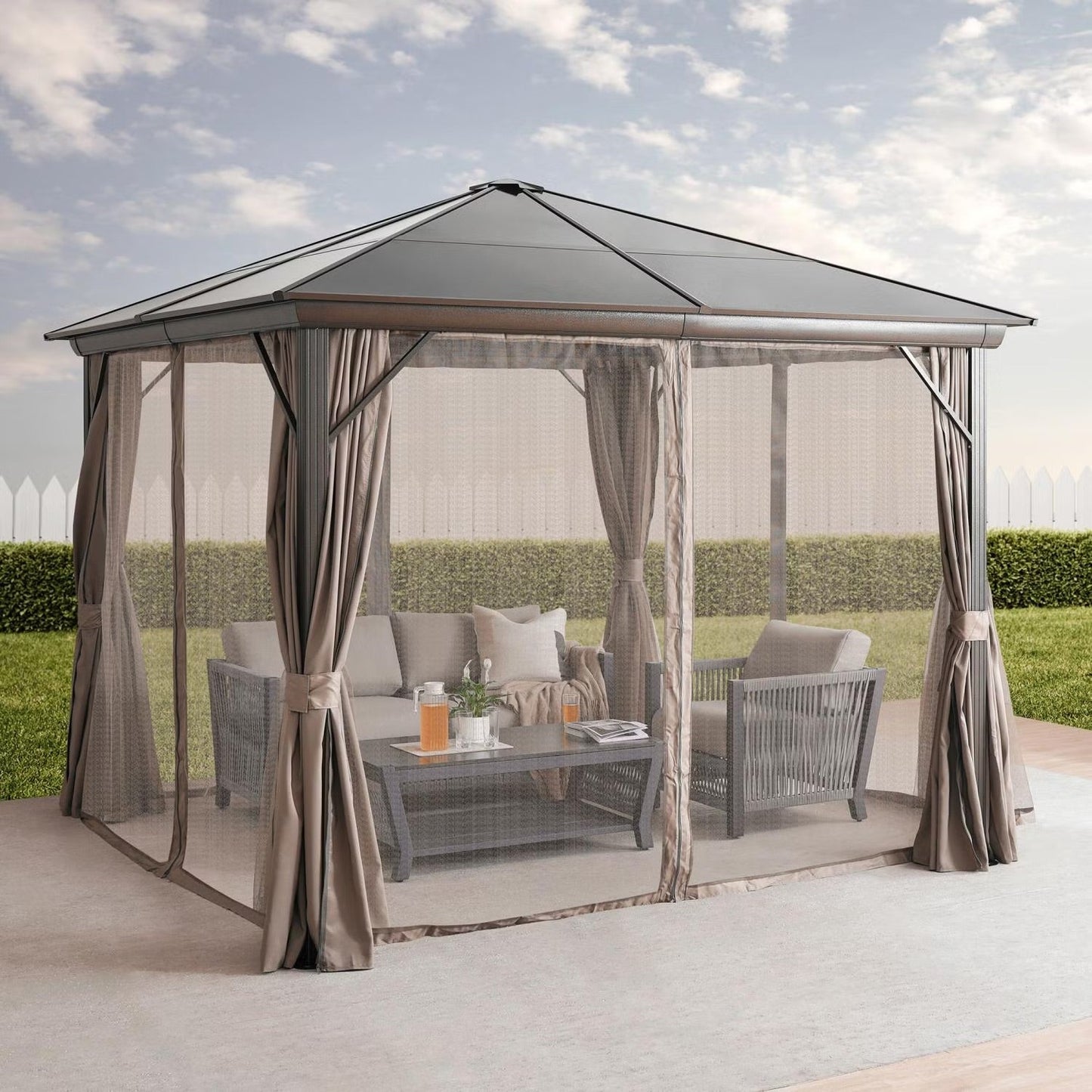Trevana 3x3m braunes Outdoor-Pavillon mit Netz und Deckenhaken