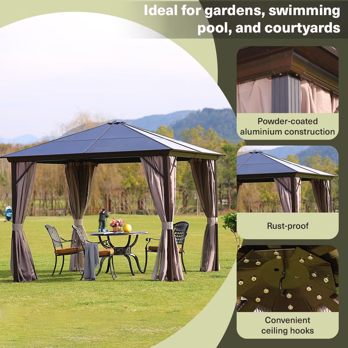 Trevana 3x3m braunes Outdoor-Pavillon mit Netz und Deckenhaken