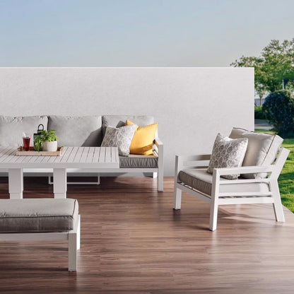 Valencia 5-zits buitenbankstel met bank en hefbare tafel in beige en wit