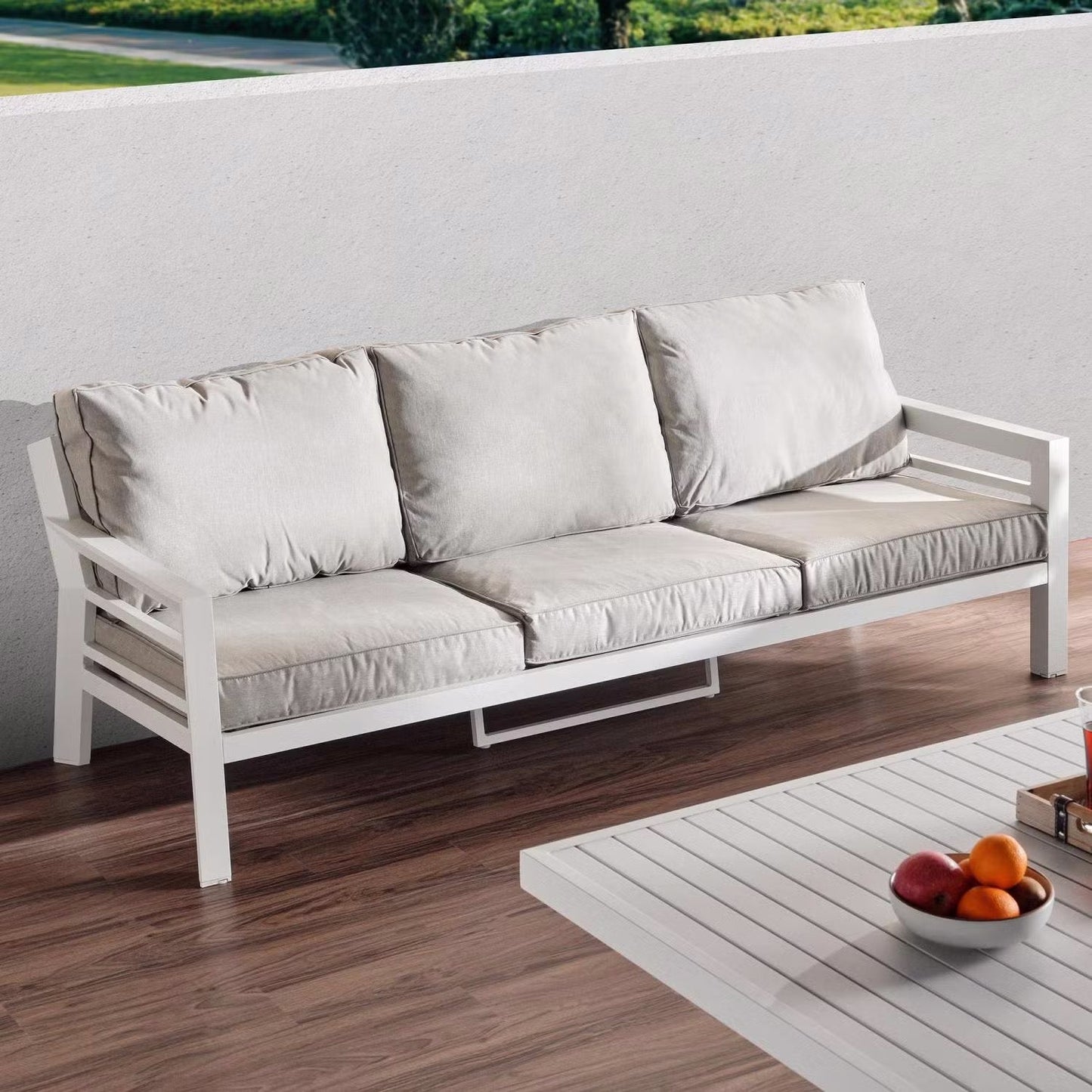 Valencia 5-zits buitenbankstel met bank en hefbare tafel in beige en wit