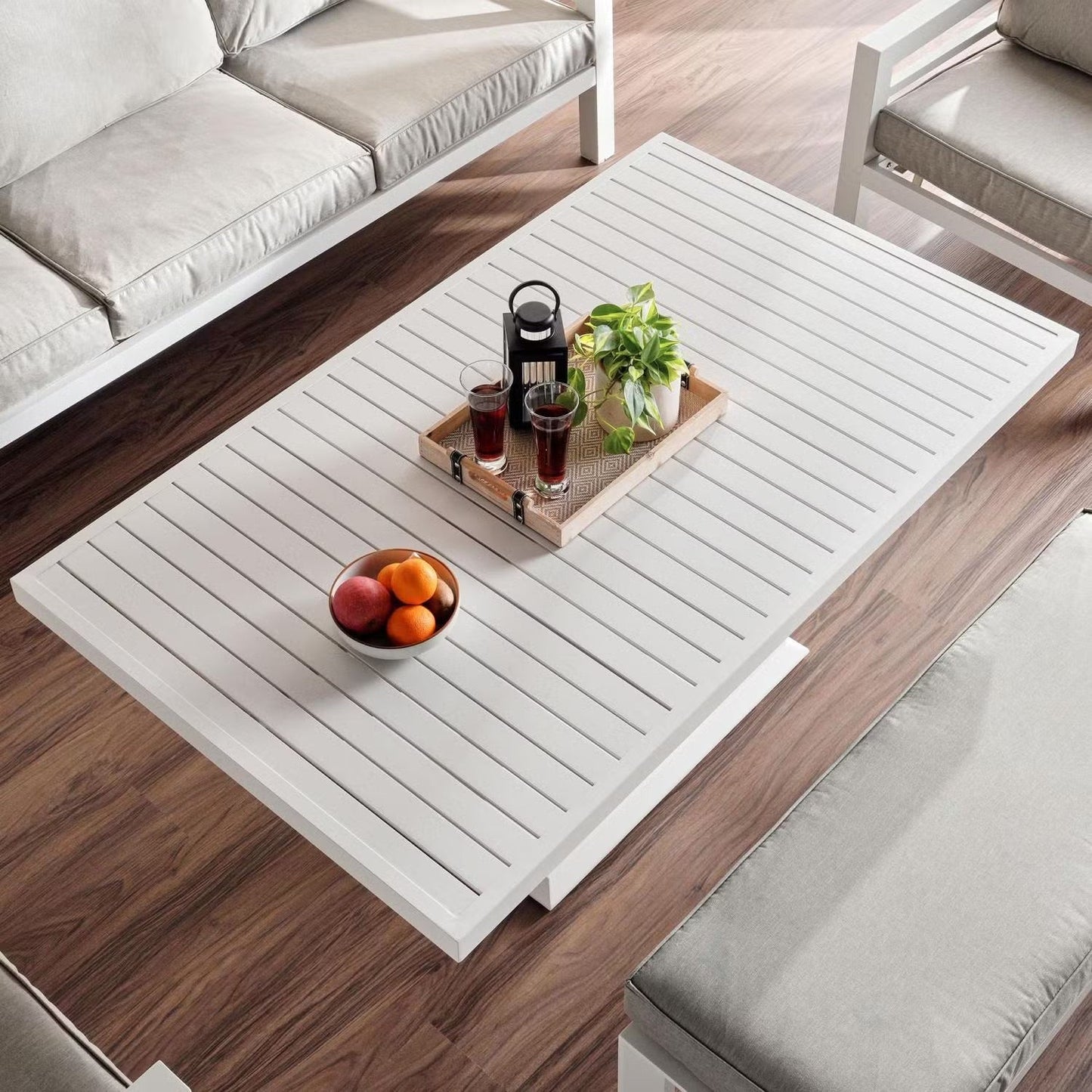 Valencia 5-zits buitenbankstel met bank en hefbare tafel in beige en wit