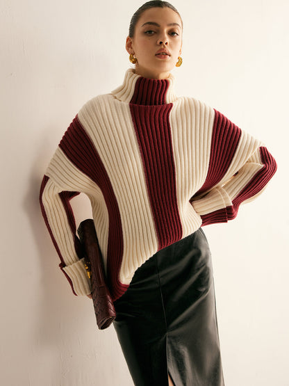 Ribbet farveblok rullekrave sweater