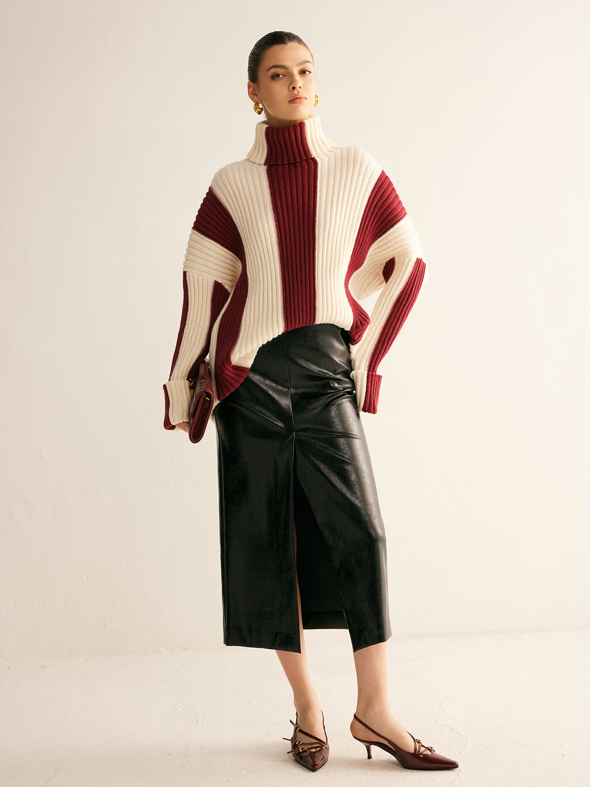 Ribbet farveblok rullekrave sweater
