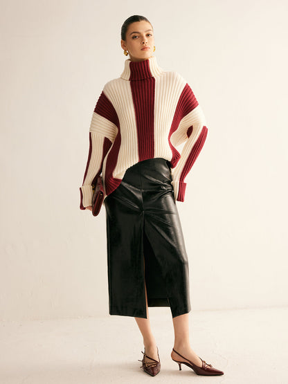 Ribbet farveblok rullekrave sweater