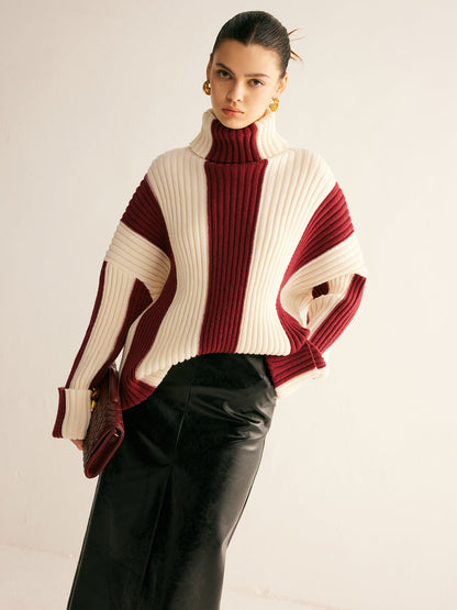 Ribbet farveblok rullekrave sweater