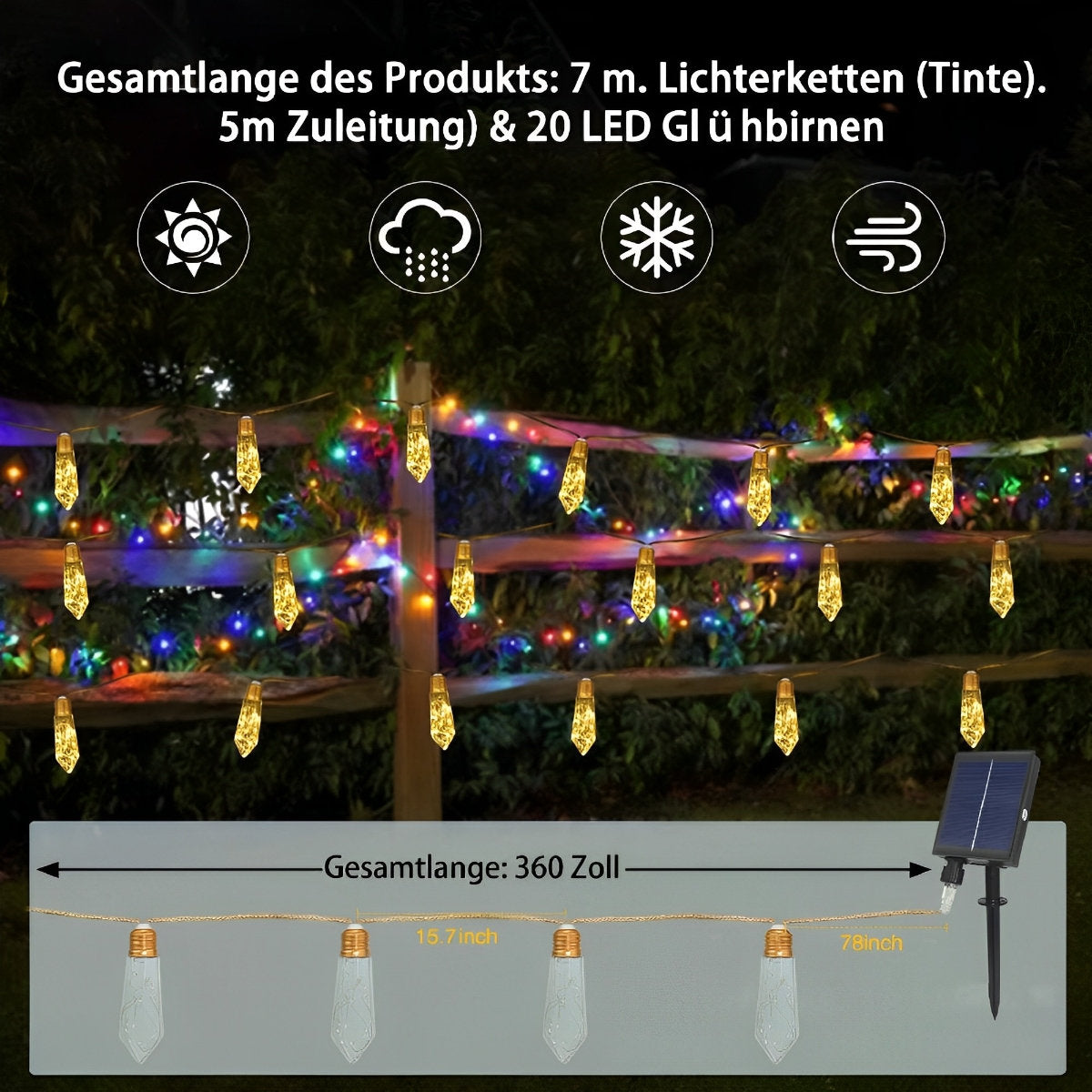 Waterproof Solar 31ft 20 LED Hemp Rope String Lights with Remote